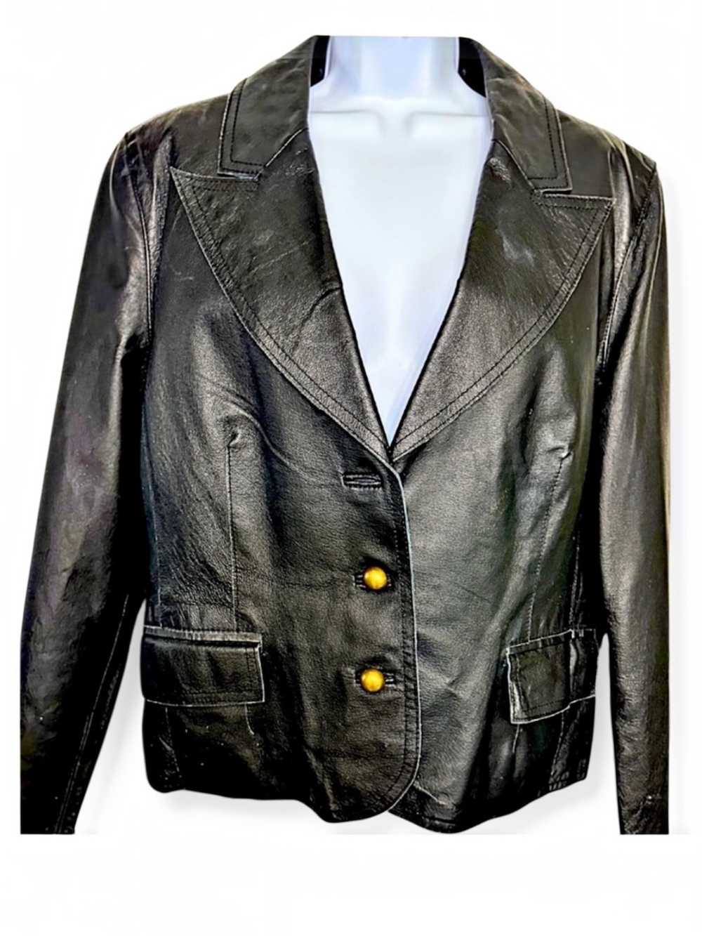 TAILORED LEATHER JACKET Black Y2K 80s 90s 2 Pockets Button Front Cool Girl SZXL